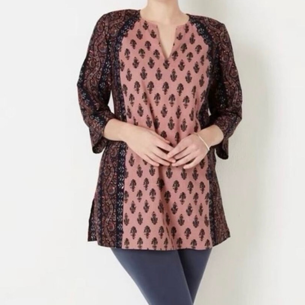 J. Jill Linen Blend Purejill Folkloric Paisley Tunic Top Pink Brown Size Small
